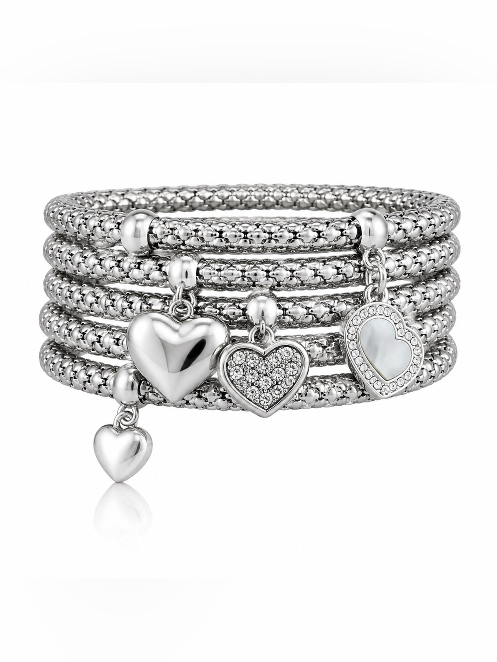 Silver Heart Charm Bracelet Set - Set of 6